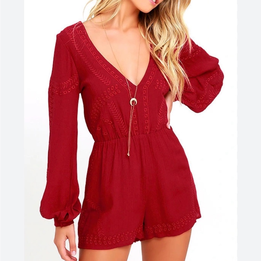 Lulu’s Wine Red Embroidered Romper Small